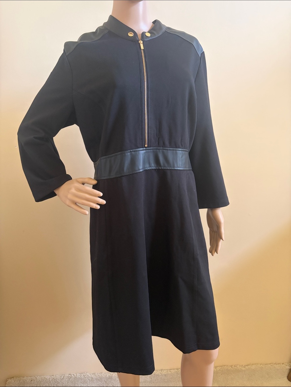 Ellen Tracy Black Midi Dress with Gold Zip Detail